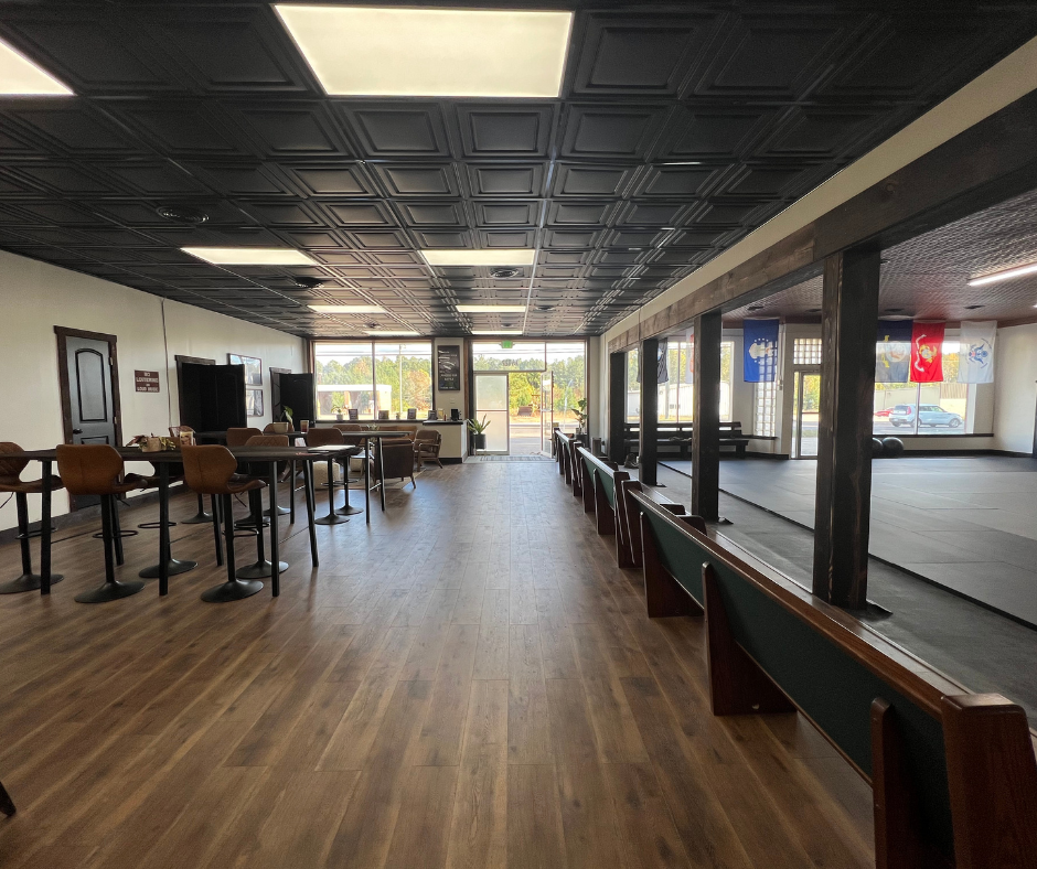 View from the lounge toward the mats and front entrance