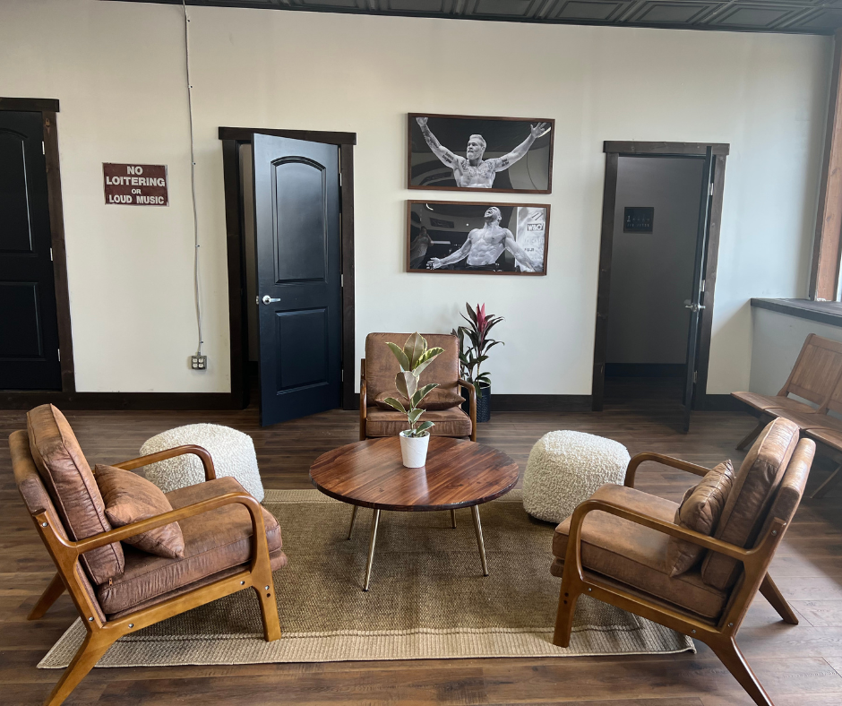 Waiting area seating in the 144 BJJ lobby